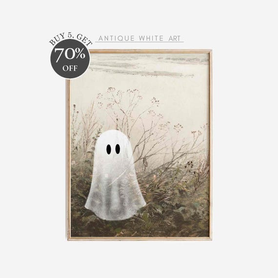 Neutral Halloween Wall Art Farmhouse Halloween Decor Cute Ghost Autumn Wildflowers Oil Painting Fall Season Art Print A305