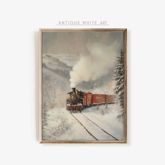 Christmas Train Painting, Moody Winter Scenery Art Print