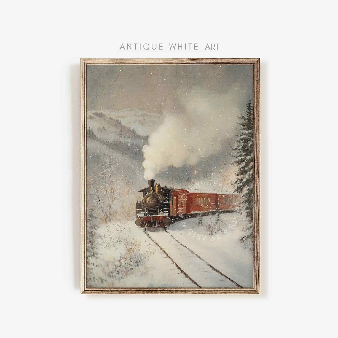 Christmas Train Painting, Moody Winter Scenery Art Print