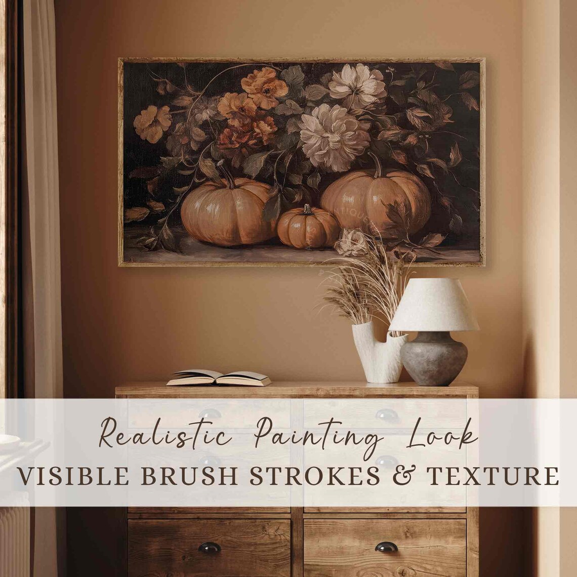 Moody Pumpkins Dark Fall Flowers Still Life Vintage Frame Tv Art Poster - Image 2