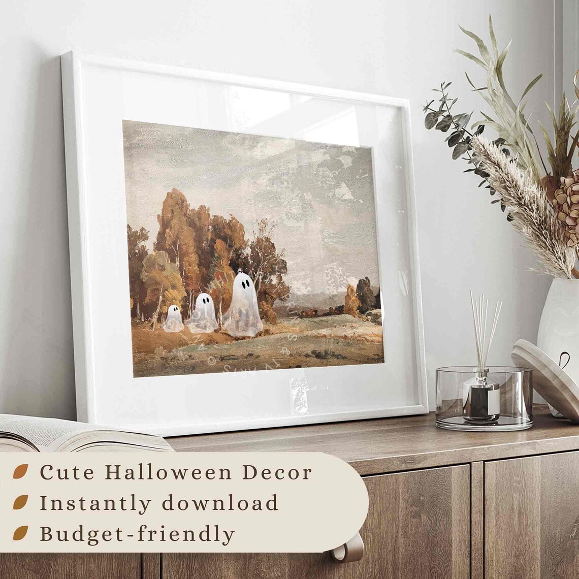 Cute Ghosts Vintage Autumn Landscape Oil Painting Halloween Farmhouse Poster - Image 3