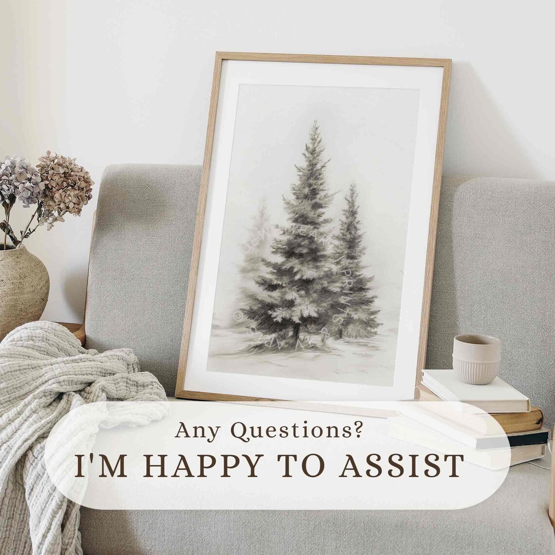 Winter Farmhouse Christmas Sketch Pine Trees Art Print - Image 2