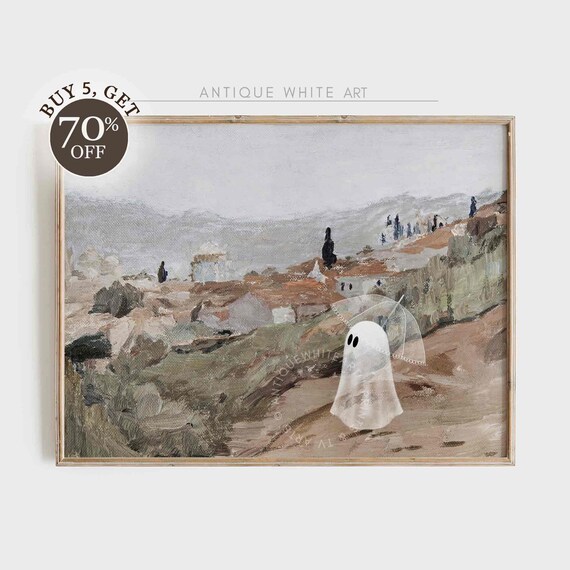 Cute Ghost With Umbrella Countryside Path Vintage Neutral Painting Poster