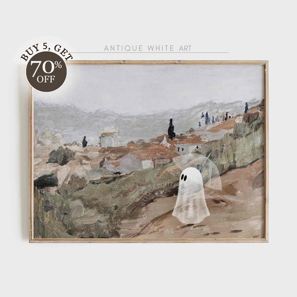 Cute Ghost With Umbrella Countryside Path Vintage Neutral Painting Poster