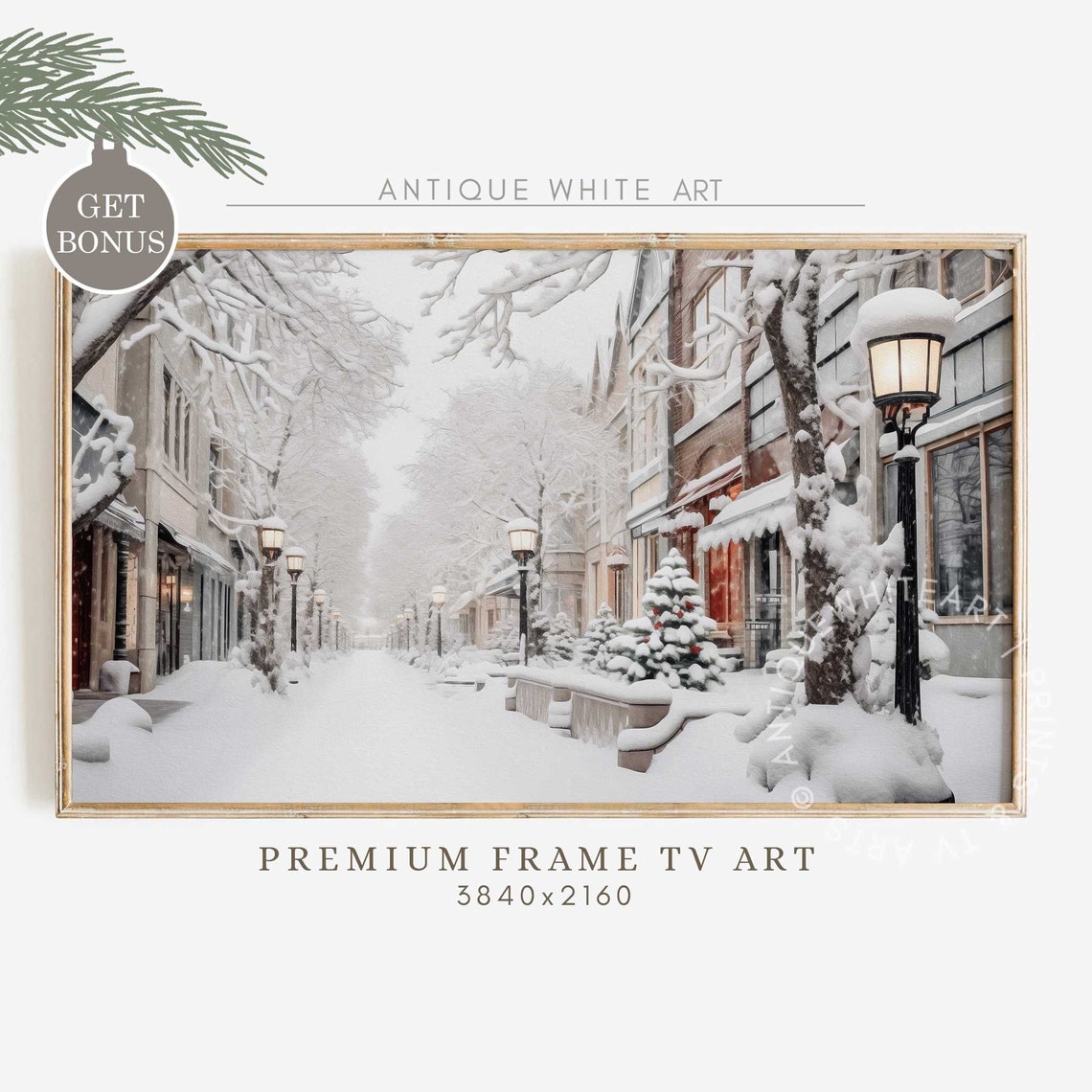 Snowy Main Street Glowing Lampposts Christmas Town Night Winter Poster
