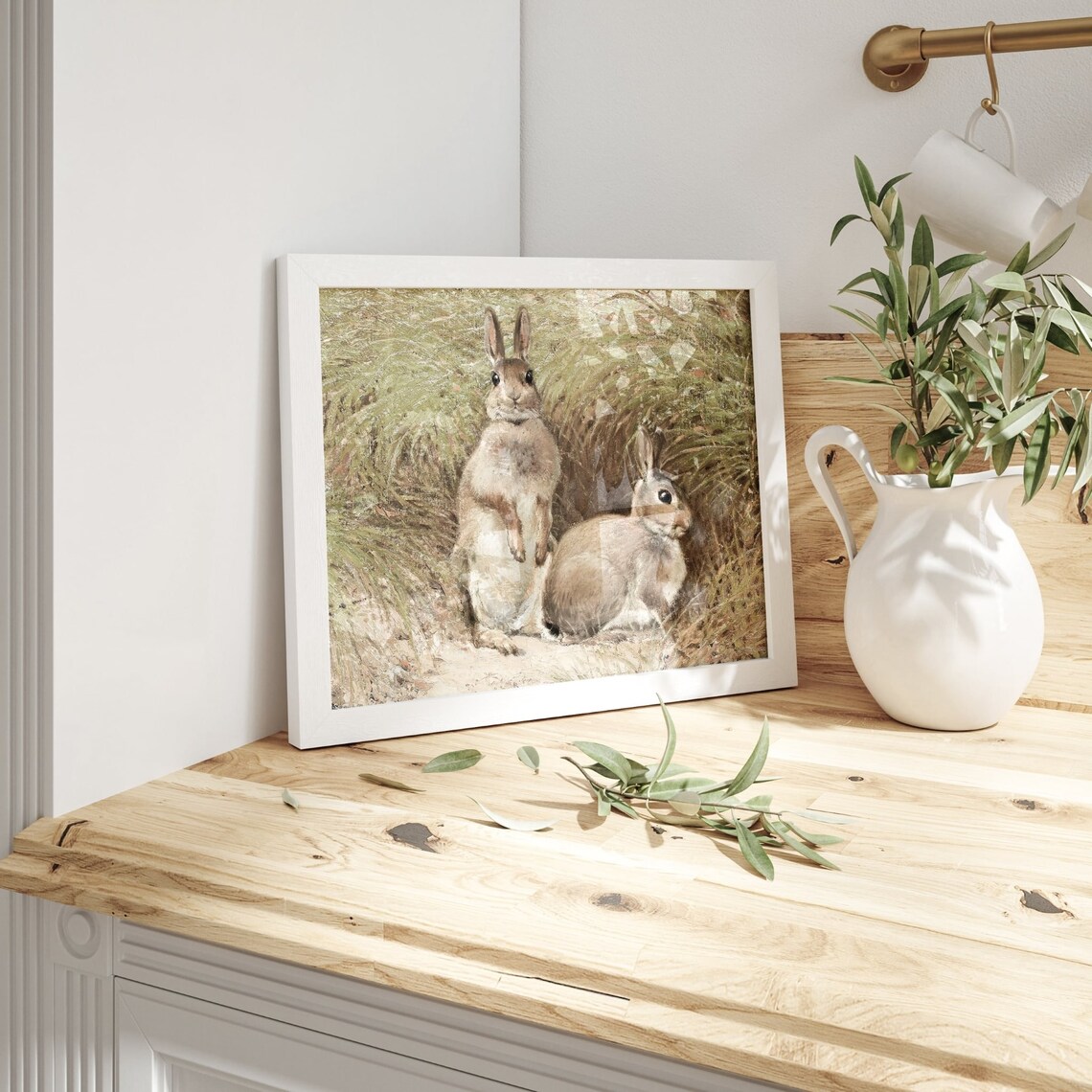 Vintage Pair of Rabbits in Grass Antique Rabbit Painting Wall Art - Image 4