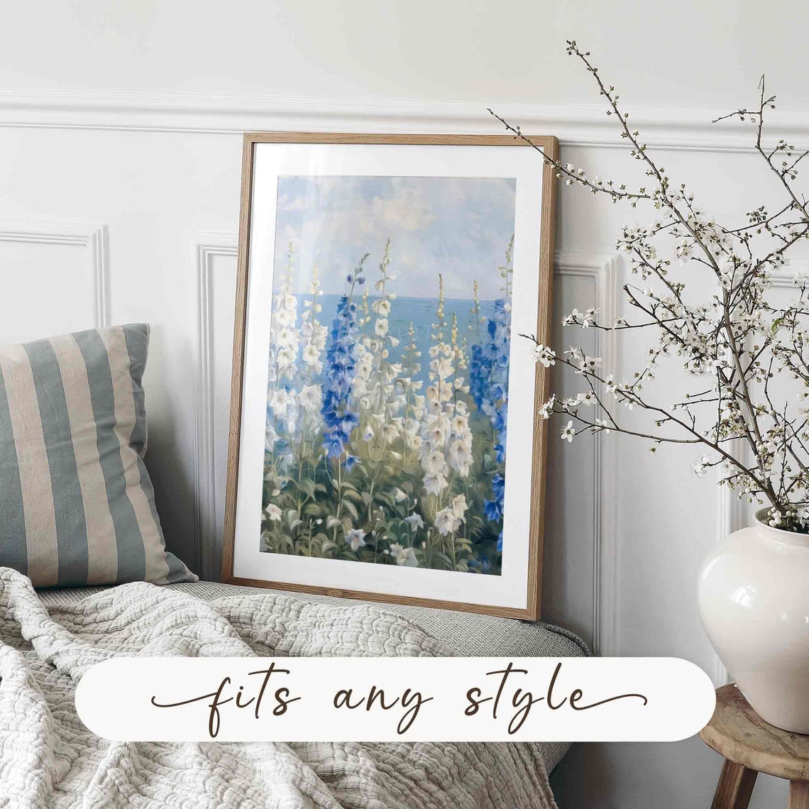 White Blue Delphiniums Tall Coastal Garden Flowers Sea View Poster - Image 2