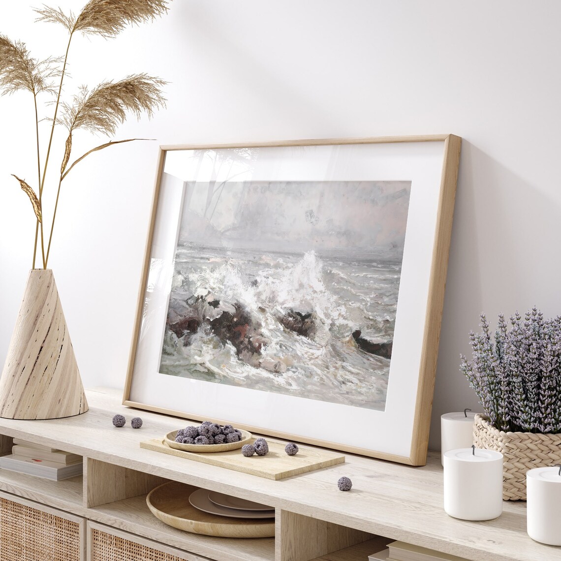 Moody Ocean Waves Crashing Dark Rocks Gray Stormy Sea Nautical Art Poster - Image 2
