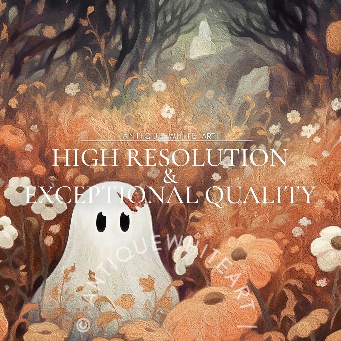 Cute Ghost Orange Wildflowers Autumn Garden Vintage Halloween Wall Art Print - Image 4