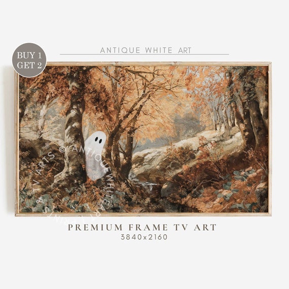 Cute Ghost In Fall Painting, Vintage Autumn Landscape
