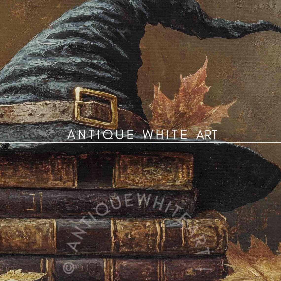 Witch Hat Resting On Stack Of Old Books With Autumn Leaves Dark Art Poster - Image 4