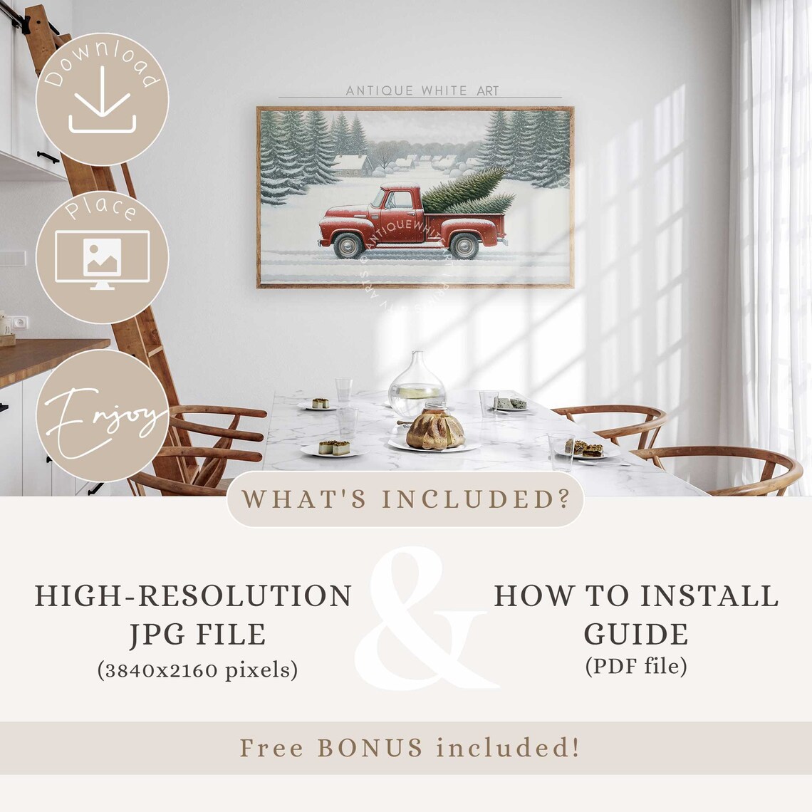 Red Vintage Truck Christmas Trees Snowy Farm Evergreens Holiday Poster - Image 5