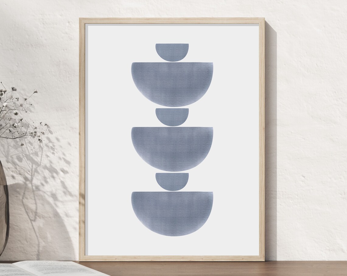 Blue Gray Stacked Semicircles Geometric Minimalist Art Poster