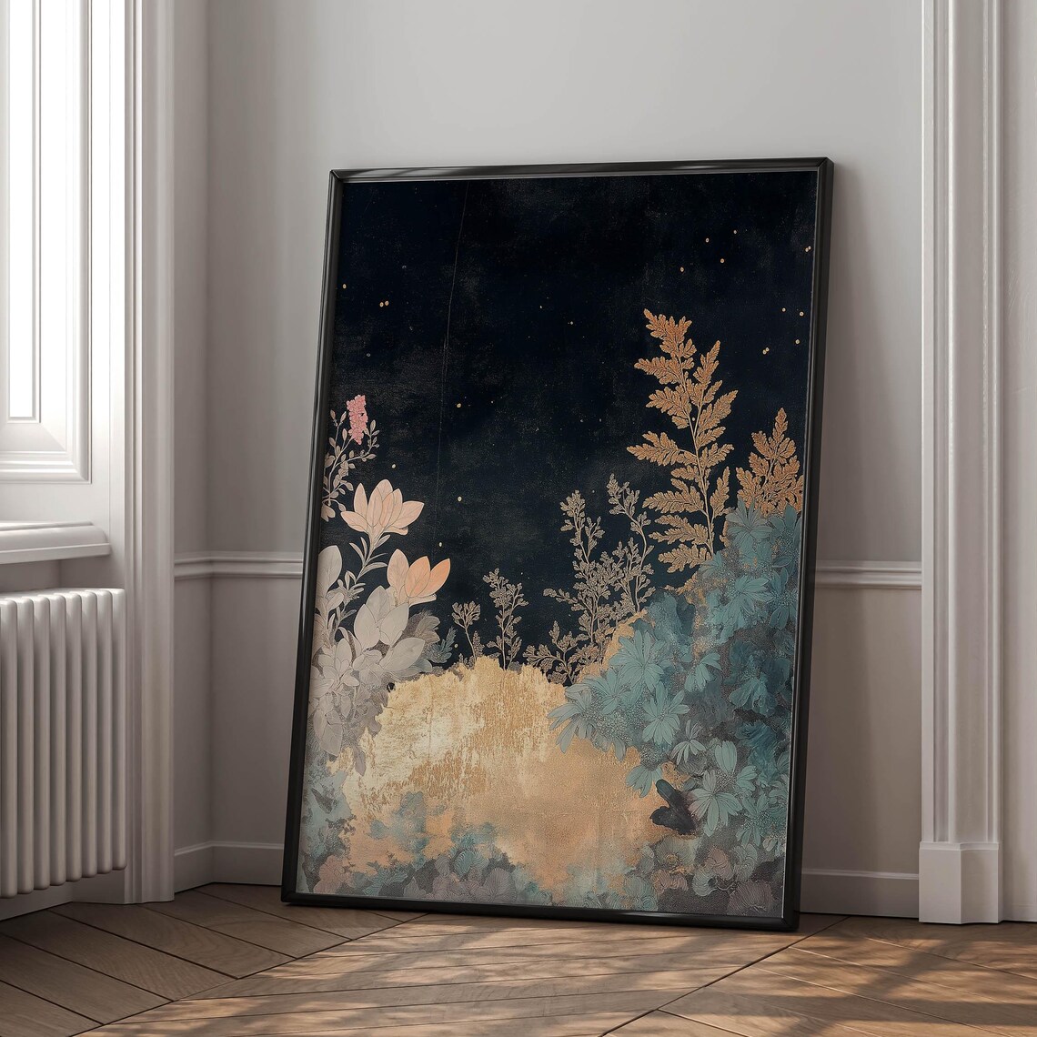 Golden Starry Midnight Garden Botanical Night Sky Vintage Wall Art