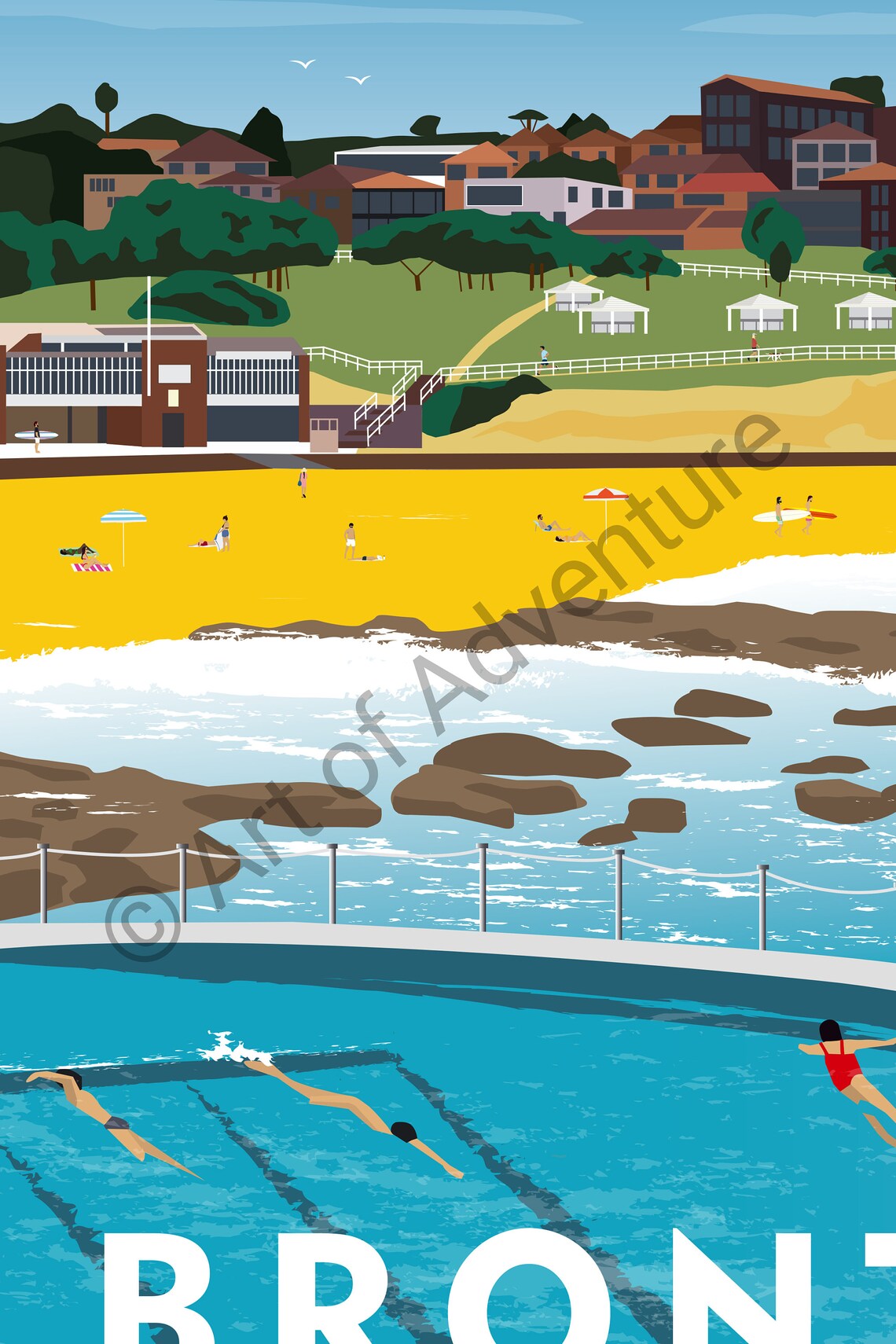 Bronte Beach Ocean Pool Swimmers Sydney Coastal Vintage Travel Poster - Image 3