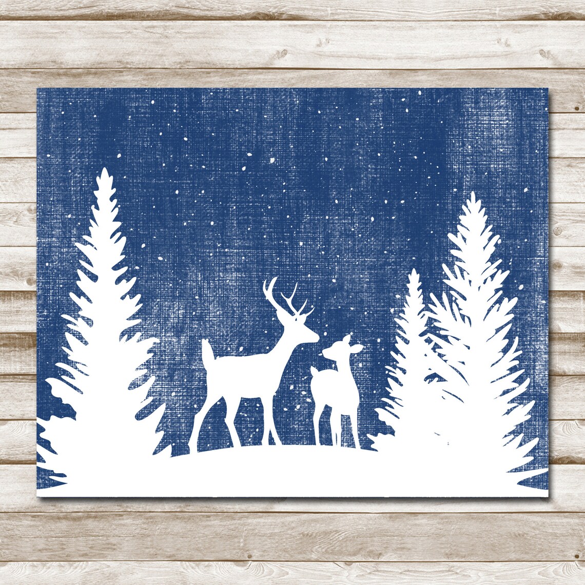 Deer Silhouettes Among Pines White On Navy Winter Snow Scene Poster - Image 8