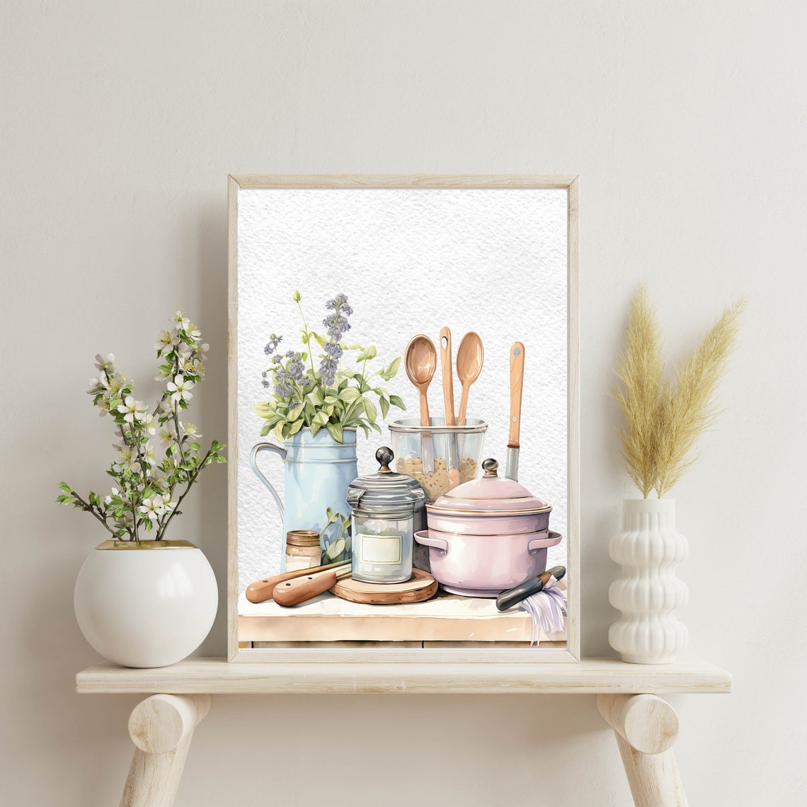 Watercolor Kitchen Still Life Enamelware Pitcher Utensils Home Poster - Image 9
