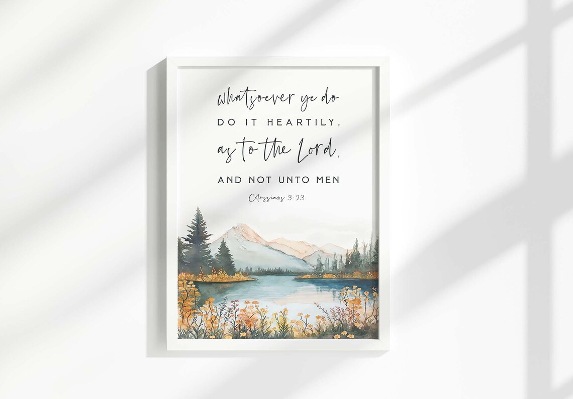 Colossians 3:23 Mountain Lake Pines Watercolor Scripture Poster - Image 2