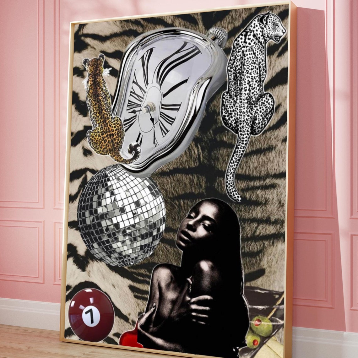 Surreal Melting Clock Leopard Disco Ball Eclectic Collage Wall Poster
