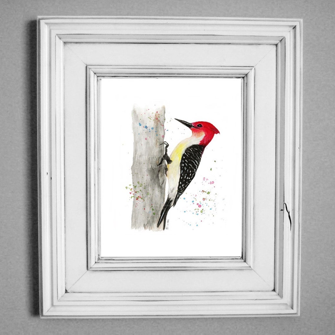 Red Headed Woodpecker Climbing Tree Trunk Watercolor Art Poster - Image 4