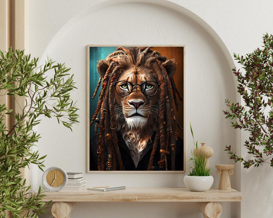 Cool Lion With Dreadlocks and Round Glasses Funny Portrait Poster