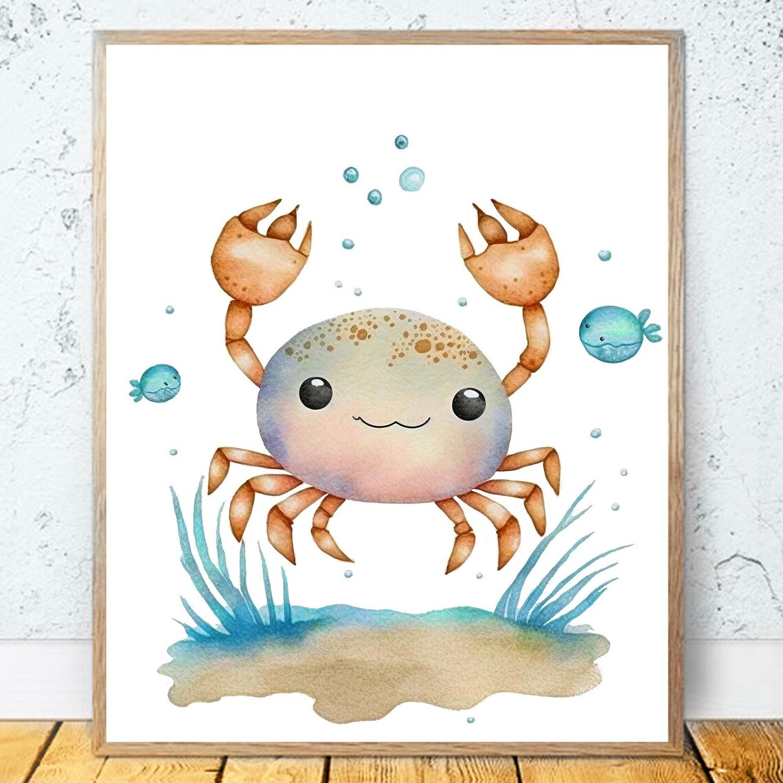 Cute Crab With Claws Up And Little Fish Nursery Ocean Art Poster