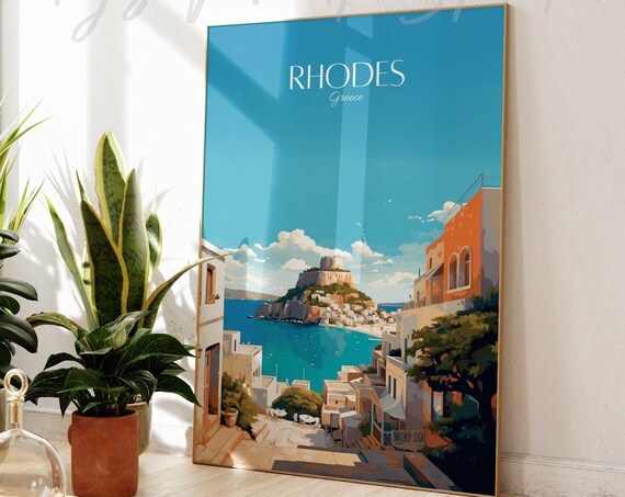 Rhodes Greece Travel Poster Cliffside Village Turquoise Sea Art Illustration