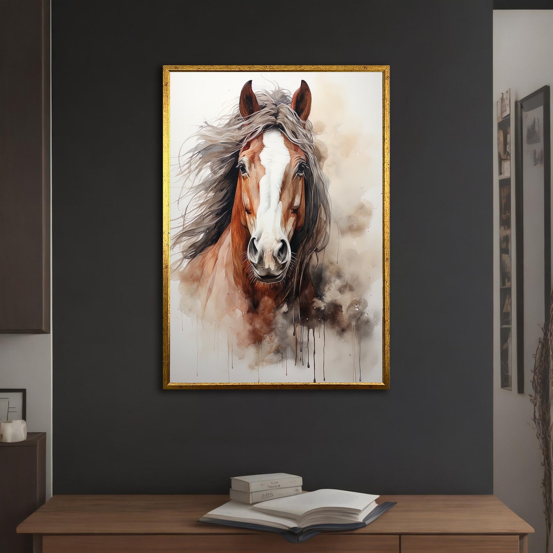 Chestnut Horse Head Watercolor Flowing Mane Elegant Wall Art - Image 5