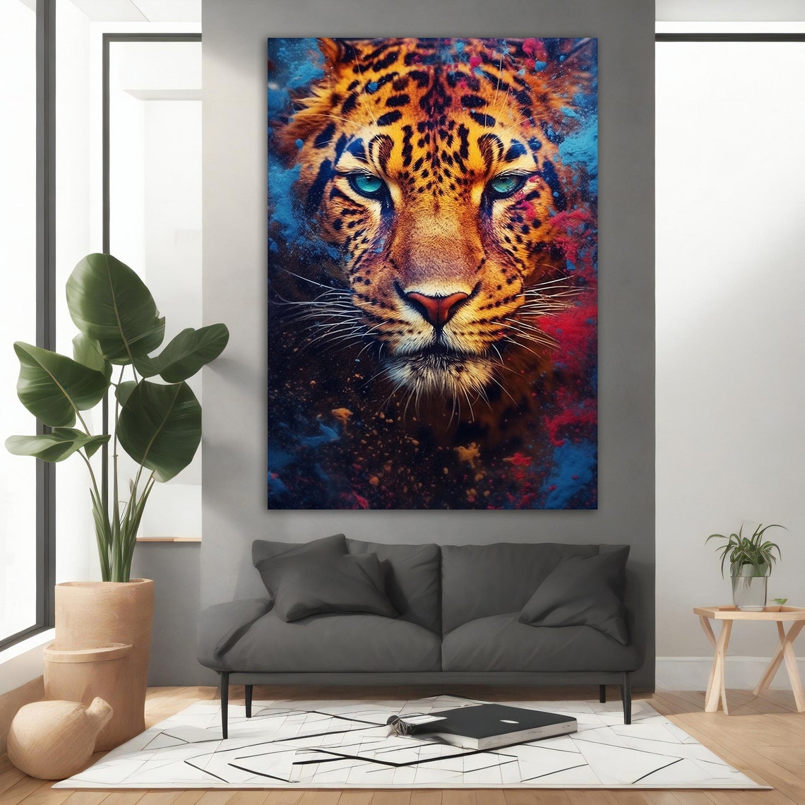 Leopard Face Close Up Turquoise Eyes Blue Red Splash Paint Poster - Image 4