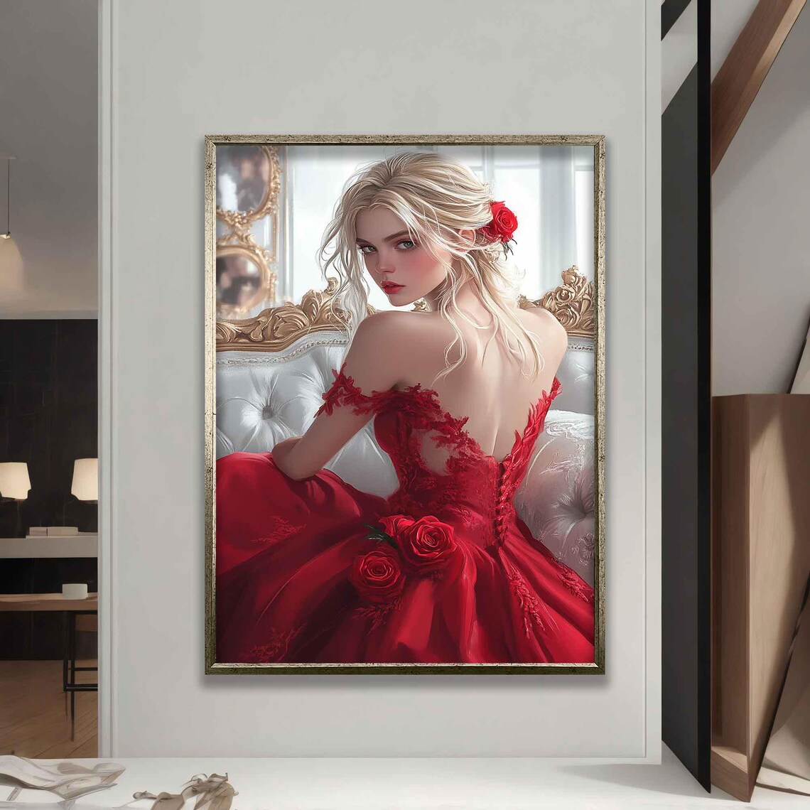 Blonde Beauty Red Lace Gown Roses Elegant Boudoir Portrait Art Print Poster - Image 5
