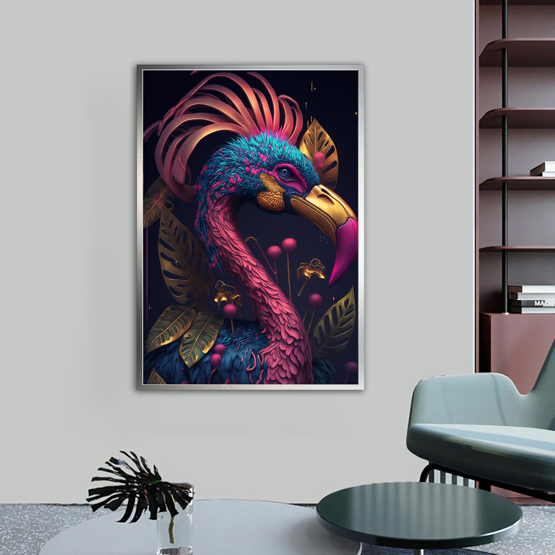 Colorful Flamingo Portrait Pink Teal Gold Feather Dark Navy Poster - Image 4