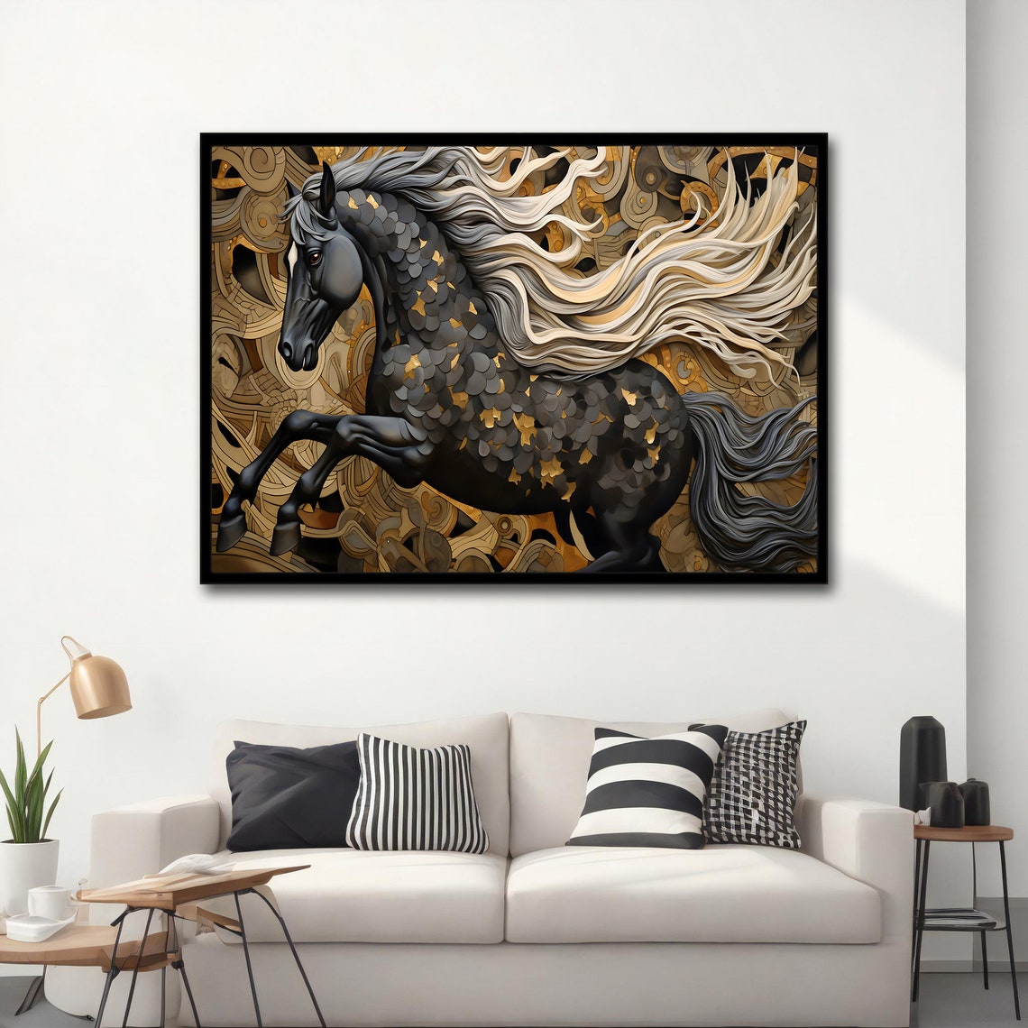 Black Gold Horse White Flowing Mane Golden Filigree Background Poster - Image 5