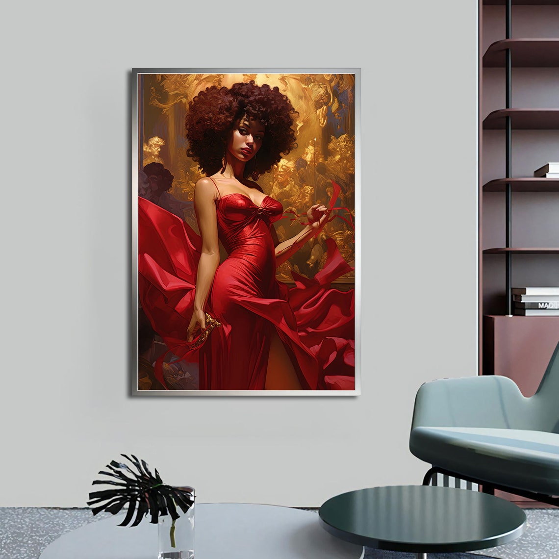African Woman Afro Red Satin Gown Gold Baroque Elegant Art Poster - Image 4