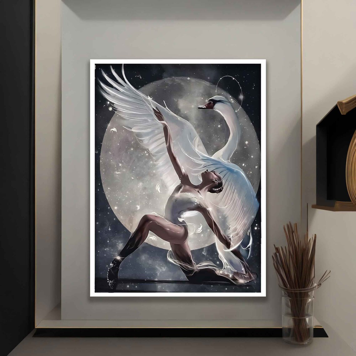Ballerina Swan Dancer Under Full Moon Night Sky Ballet Art Poster - Image 4
