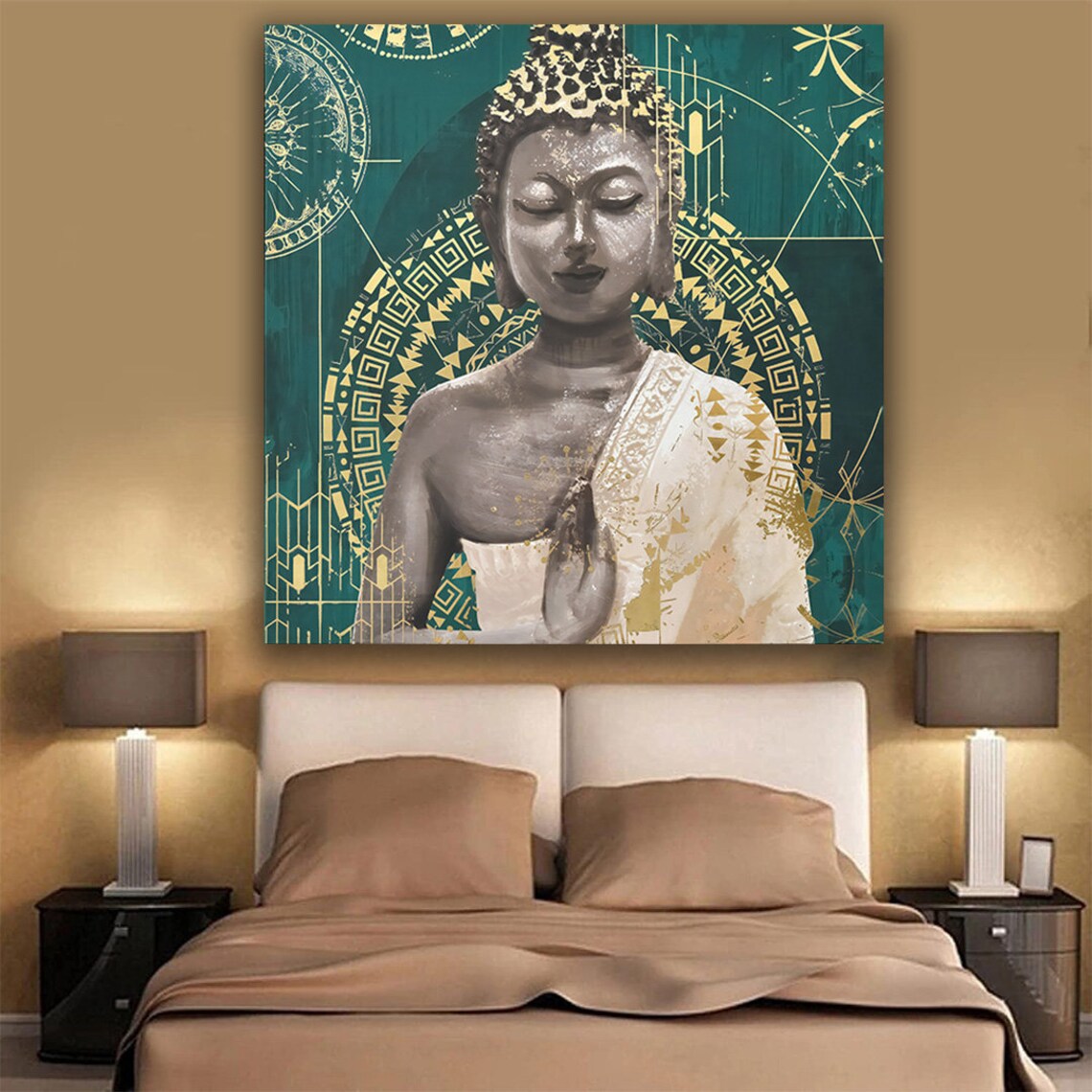 Golden Buddha Teal Mandala Sacred Geometry Spiritual Meditation Wall Art Poster - Image 2