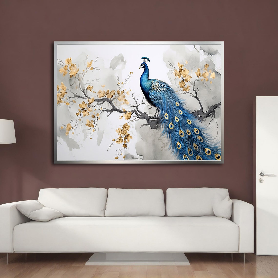 Blue Peacock Perched Flowering Branch Gold Blossoms Watercolor Poster - Image 3