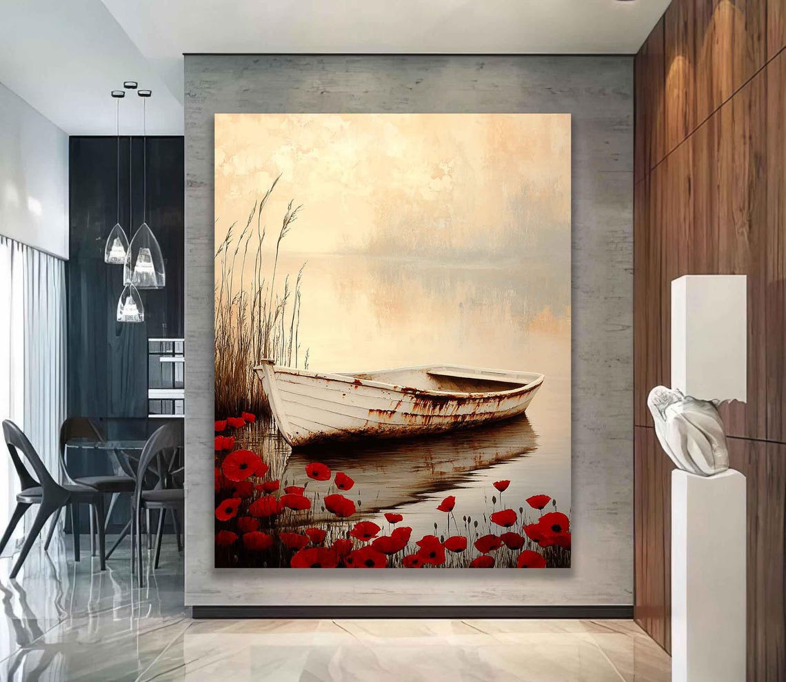 White Rowboat With Red Poppies Misty Lake Watercolor Serene Poster - Image 2