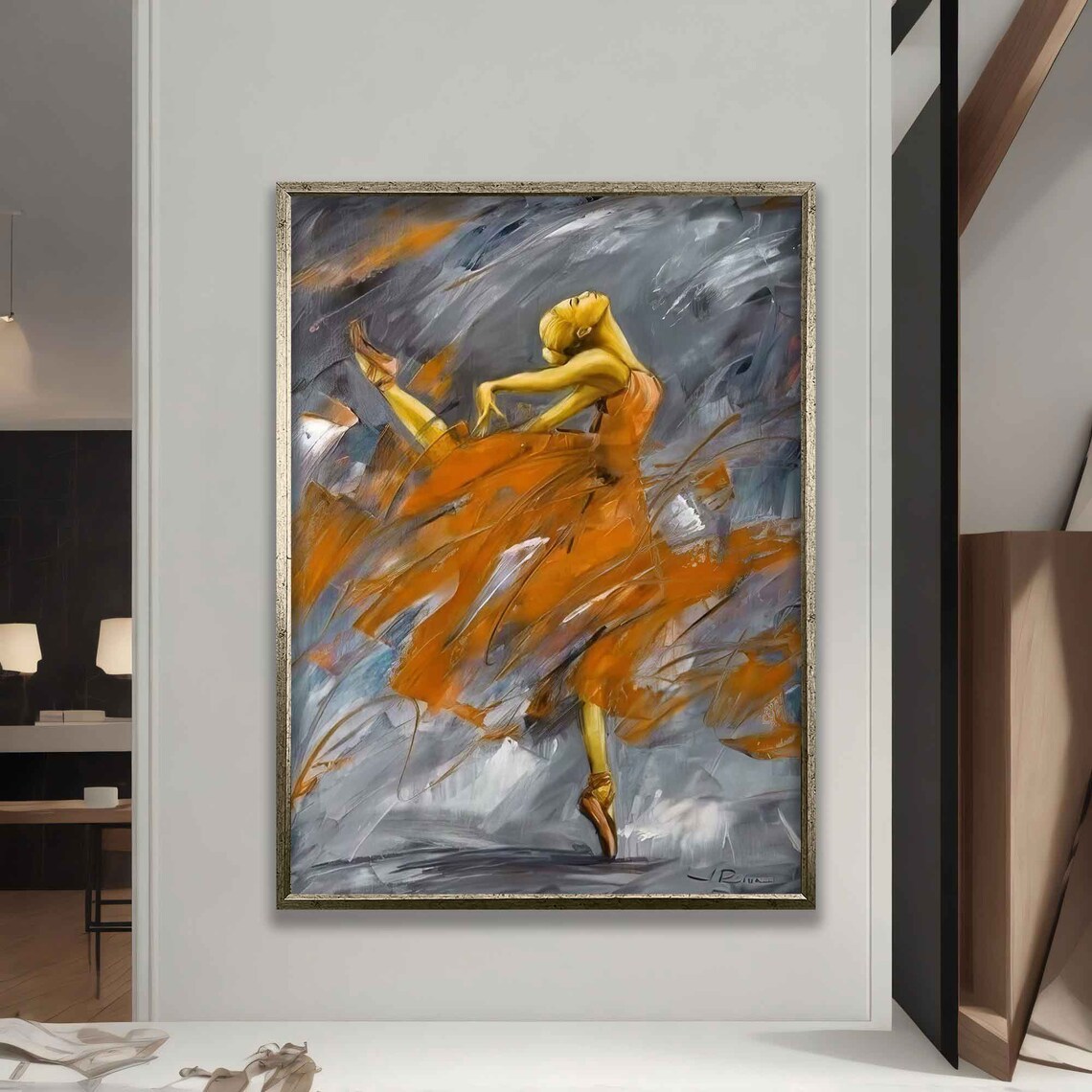 Ballerina Twirling Orange Skirt Gray Abstract Painting Wall Poster - Image 5