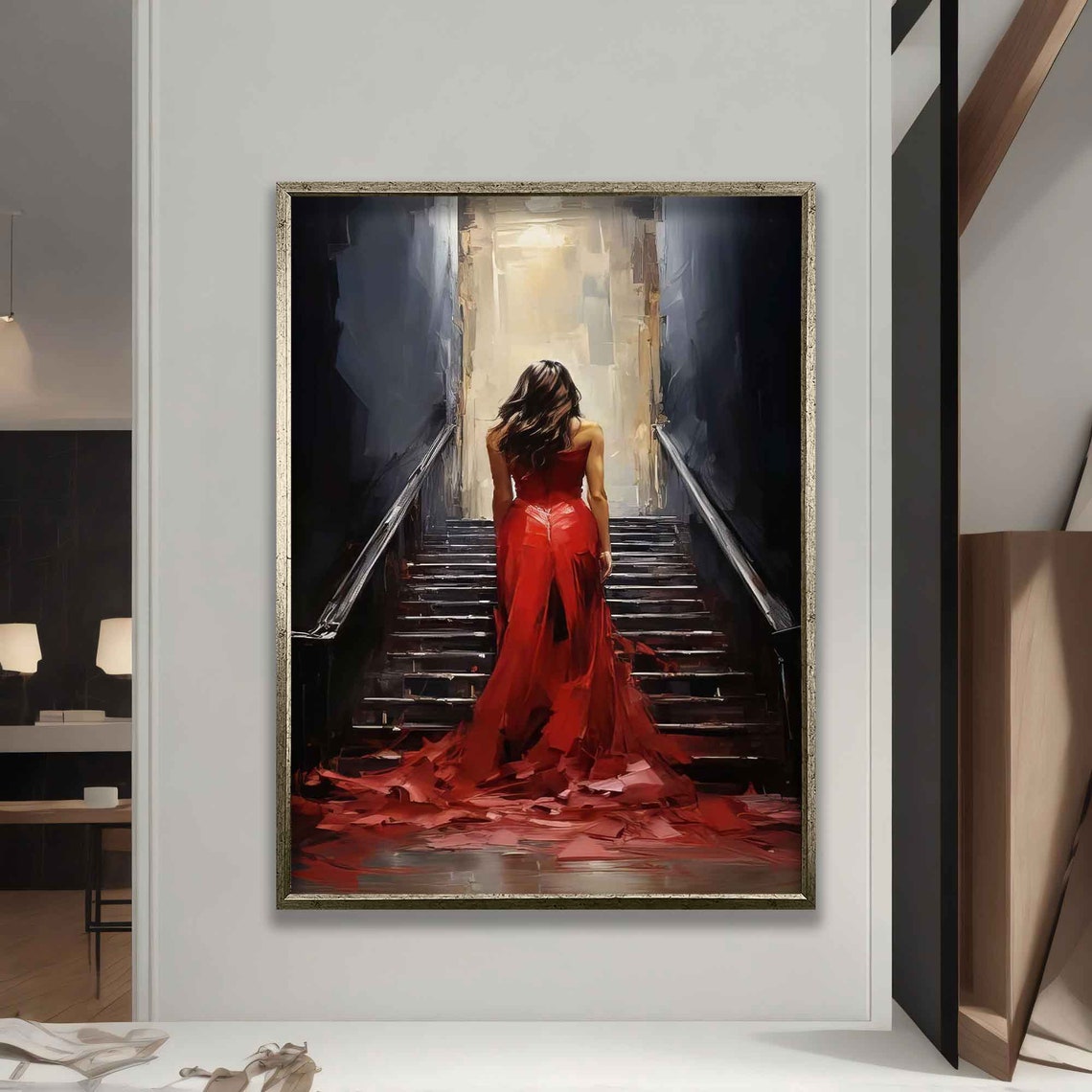 Woman in Red Gown Climbing Dark Staircase to Light Art Wall Poster - Image 5