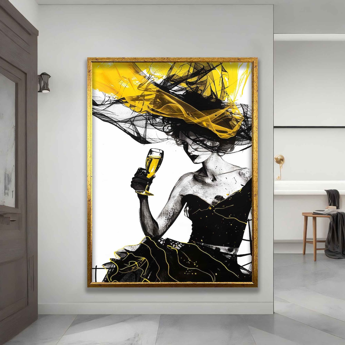 Elegant Woman Champagne Dramatic Yellow Black Veil Fashion Art Poster