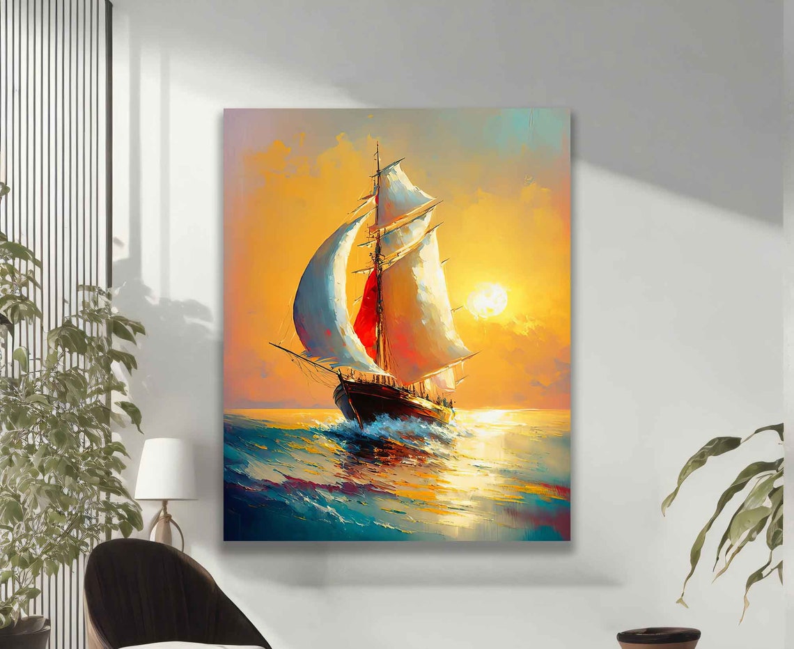 Sailboat at Golden Sunset Sparkling Sea Sails Adventure Travel Poster - Image 2