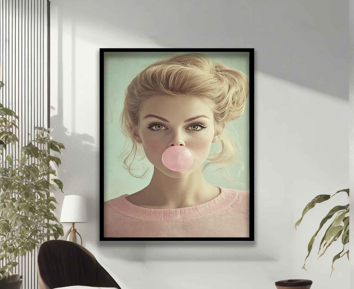 Blonde Woman Blowing Pink Bubble Gum Retro Pop Art Portrait Poster - Image 3