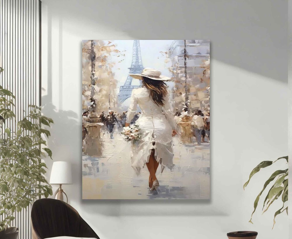 Woman White Dress Walking Paris Street Eiffel Tower View Painting Poster - Image 2