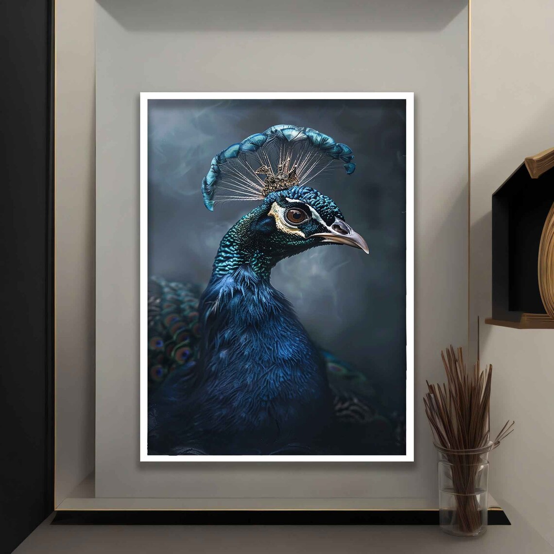 Peacock With Crown, Dark Gray Background Art Print - Image 4