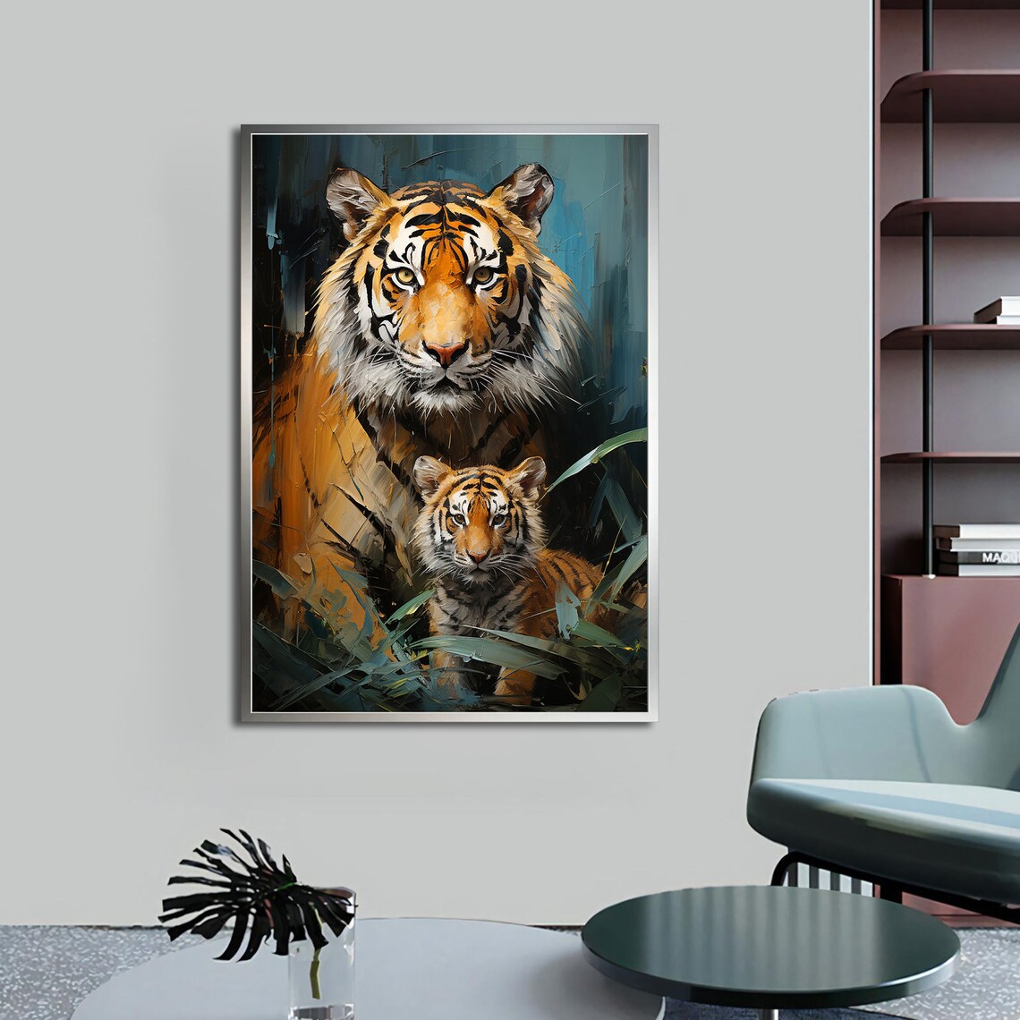 Tiger And Cub Jungle Teal Portrait Big Cat Wildlife Painting Wall Art Poster - Image 5