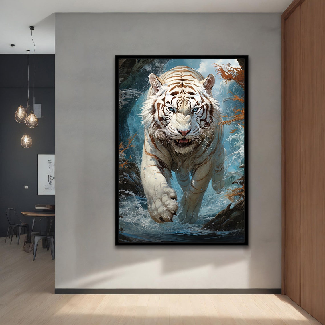 White Tiger Walking Through Blue Water Splashes Wild Eyes Poster - Image 5
