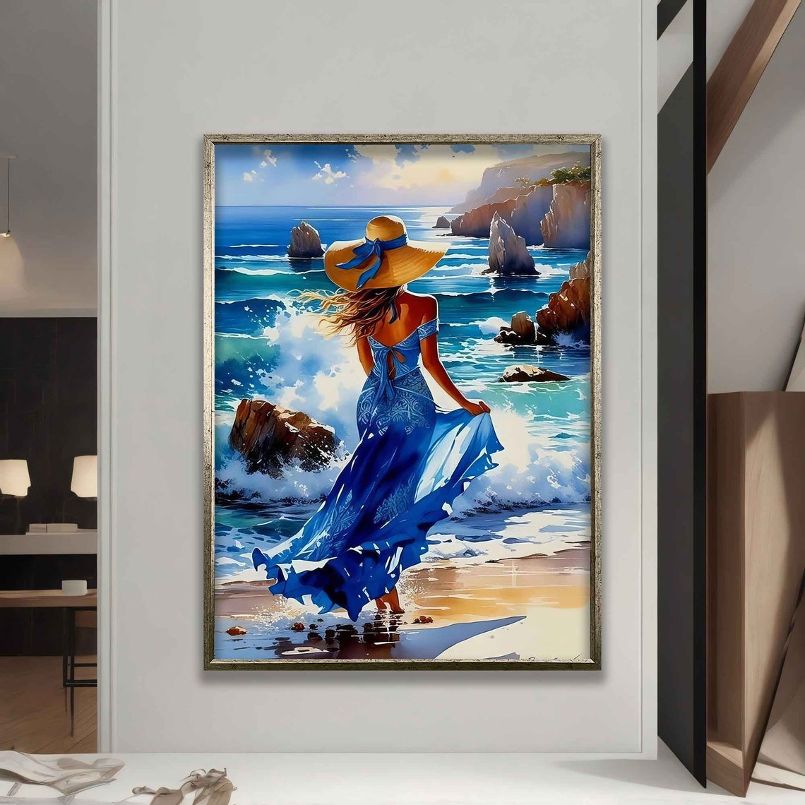 Beautiful Woman In Blue Dress Walking On The Beach Painting Woman With Her Back Turned Art Woman By The Sea Print - Image 5