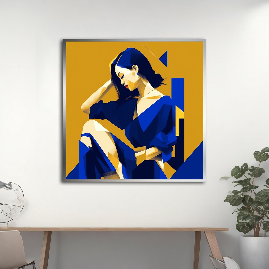 Abstract Geometric Woman Portrait Blue Gold Art Deco Modern Style Wall Art - Image 4