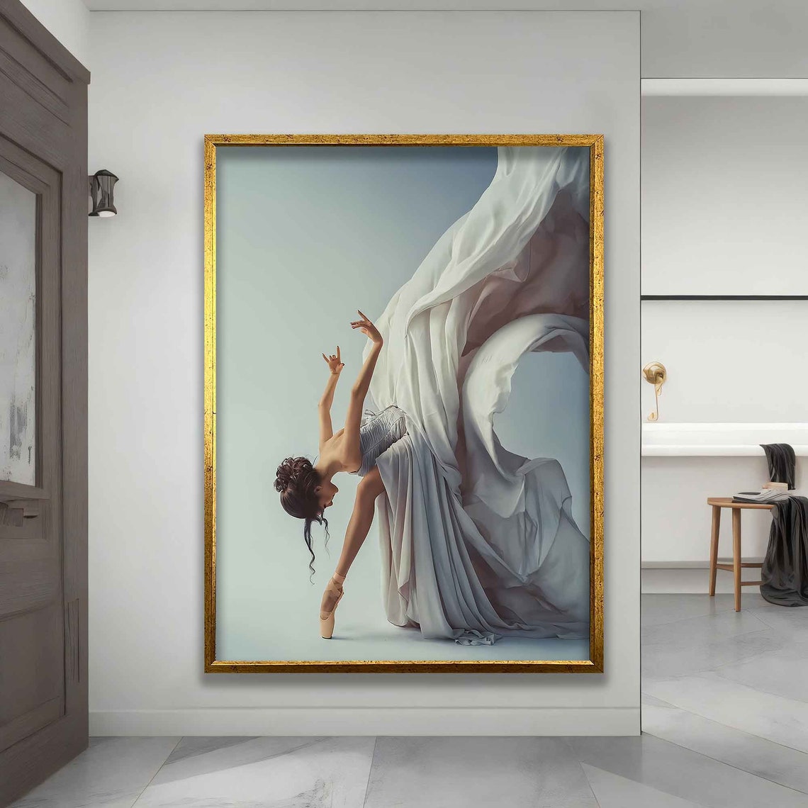 Ballerina en Pointe with Flowing White Fabric Dance Art Poster - Image 3