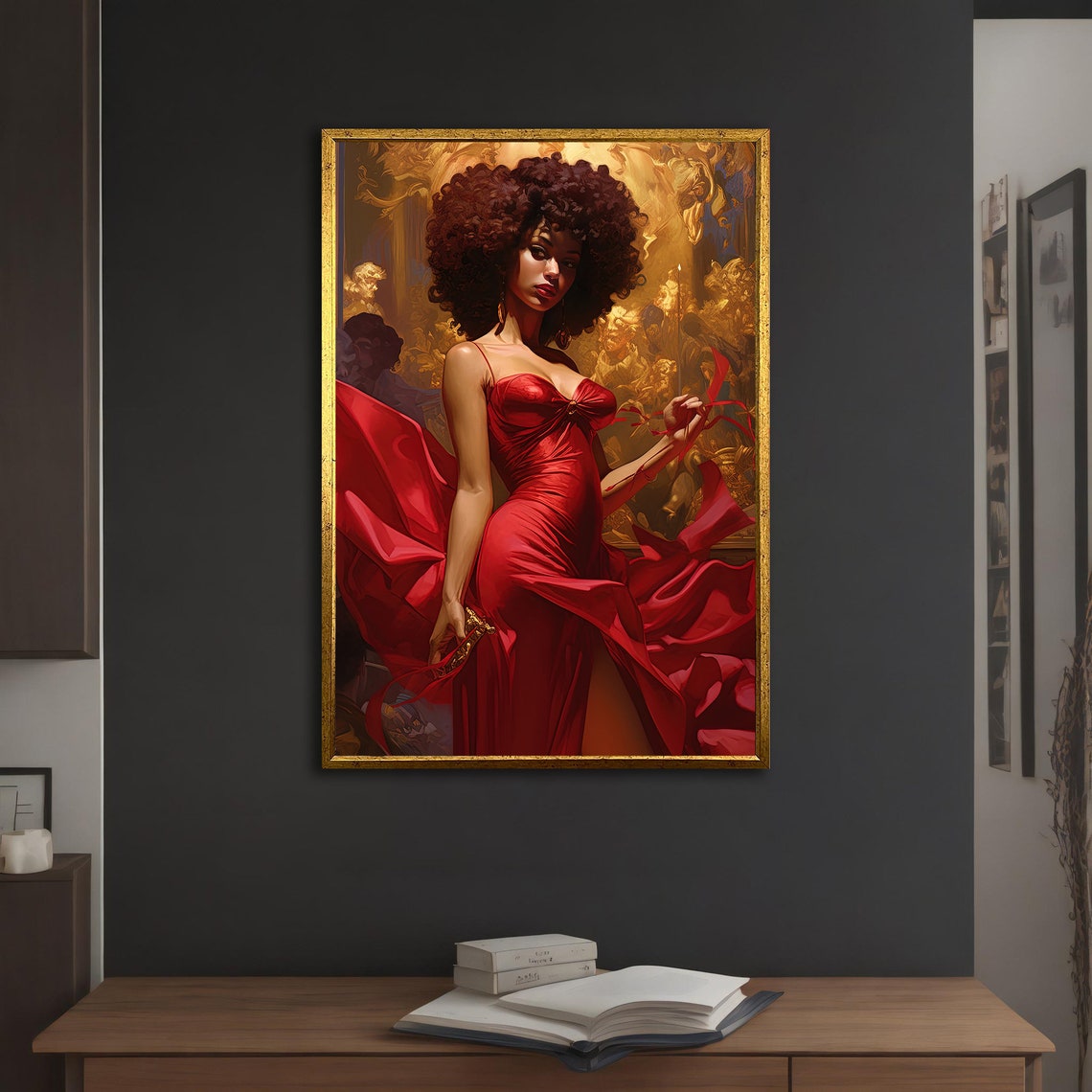 African Woman Afro Red Satin Gown Gold Baroque Elegant Art Poster - Image 5